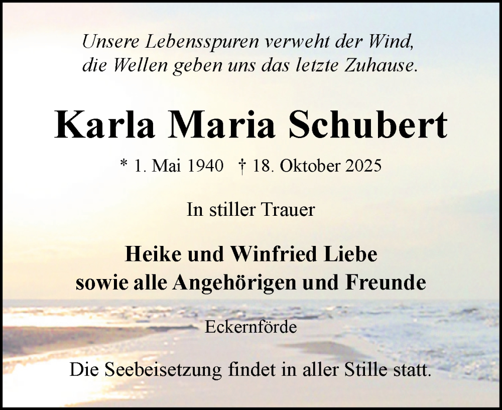  Traueranzeige für Karla Maria Schubert vom 25.10.2025 aus Eckernförder Zeitung, Hallo Eckernförde