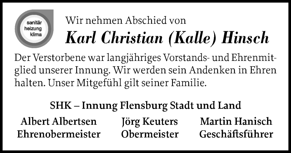  Traueranzeige für Karl Christian Hinsch vom 04.10.2025 aus Flensburger Tageblatt, Schleswiger Nachrichten, Schlei-Bote