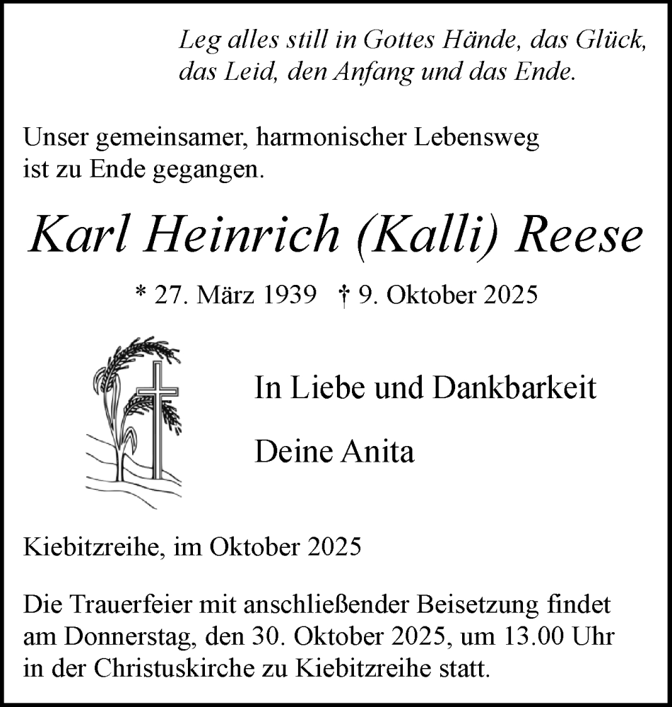  Traueranzeige für Karl Heinrich Reese vom 25.10.2025 aus Elmshorner Nachrichten, Barmstedter Zeitung