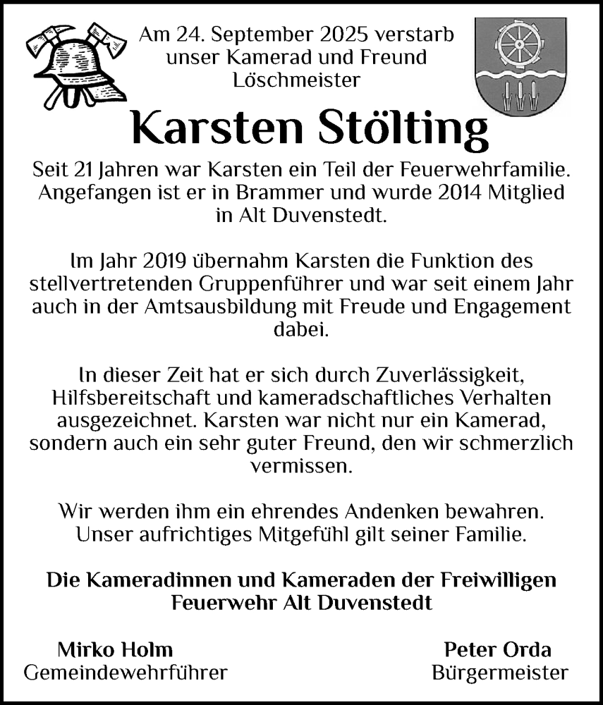  Traueranzeige für Karsten Stölting vom 07.10.2025 aus Schleswig-Holsteinische Landeszeitung