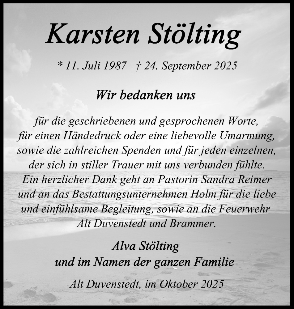  Traueranzeige für Karsten Stölting vom 25.10.2025 aus Schleswig-Holsteinische Landeszeitung