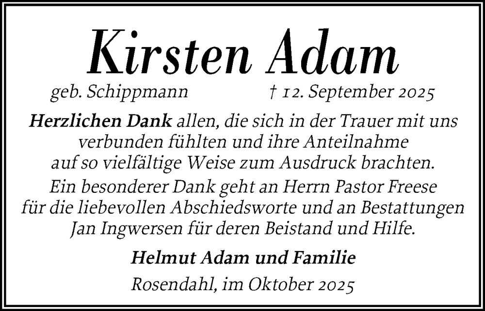  Traueranzeige für Kirsten Adam vom 11.10.2025 aus Husumer Nachrichten, Nordfriesland Tageblatt