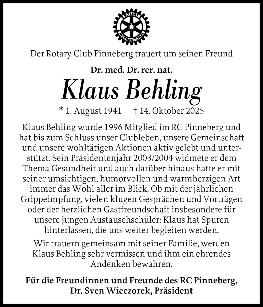  Traueranzeige für Klaus Behling vom 01.11.2025 aus Region Pinneberg und tip Pinneberg