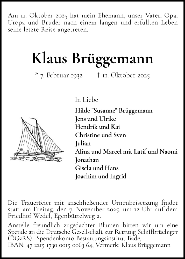 Traueranzeige für Klaus Brüggemann vom 18.10.2025 aus Wedel-Schulauer Tageblatt, tip Wedel-Schulauer Tageblatt, tip Rissener Rundschau