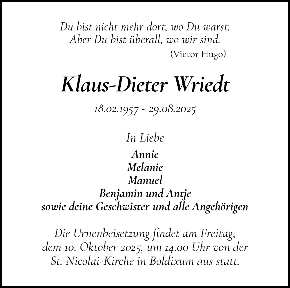  Traueranzeige für Klaus-Dieter Wriedt vom 04.10.2025 aus Der Insel-Bote