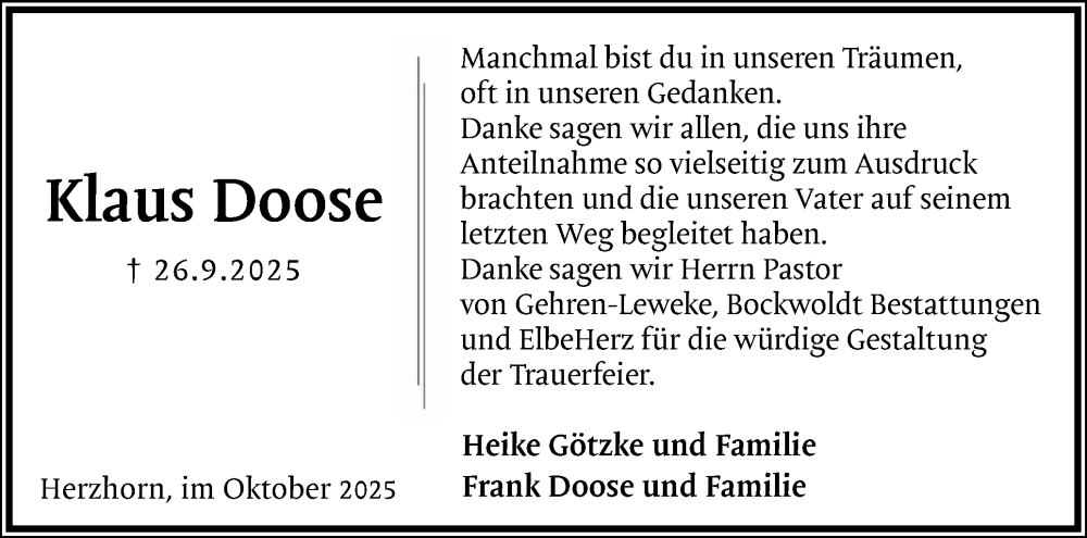  Traueranzeige für Klaus Doose vom 25.10.2025 aus Norddeutsche Rundschau, Wilstersche Zeitung, Glückstädter Fortuna