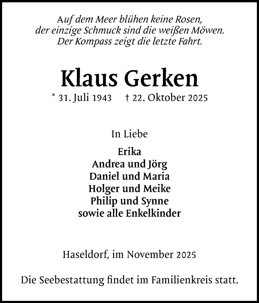  Traueranzeige für Klaus Gerken vom 01.11.2025 aus Uetersener Nachrichten, Der tip am Wochenende