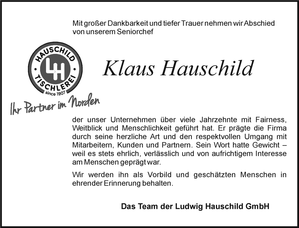  Traueranzeige für Klaus Hauschild vom 01.11.2025 aus Holsteinischer Courier