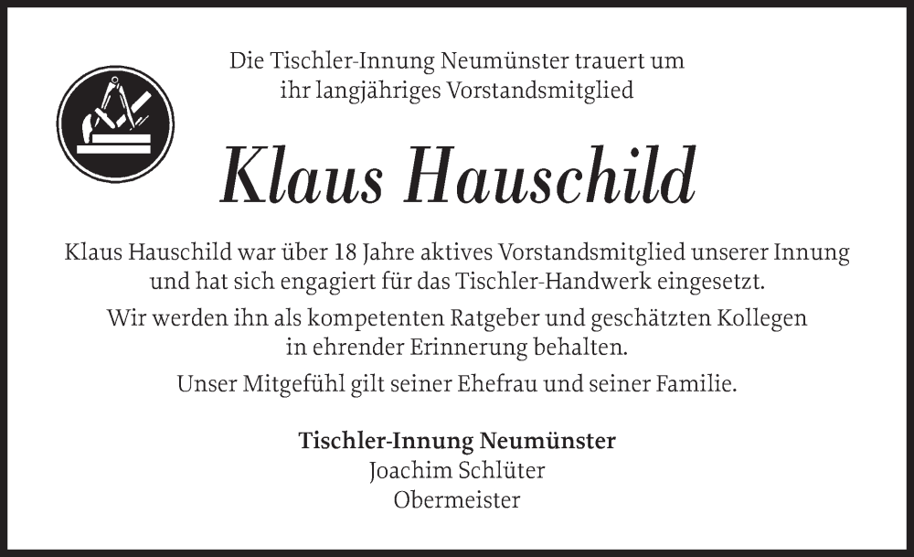  Traueranzeige für Klaus Hauschild vom 01.11.2025 aus Holsteinischer Courier