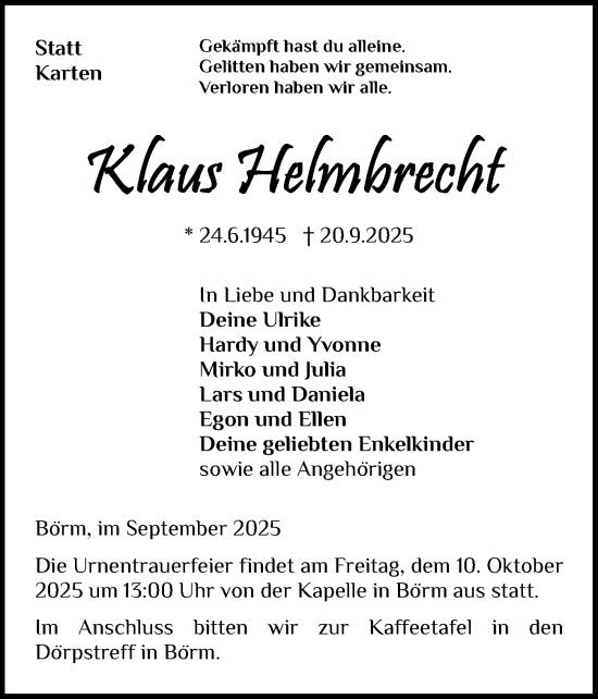 Traueranzeige von Klaus Helmbrecht von Schleswiger Nachrichten, Schlei-Bote