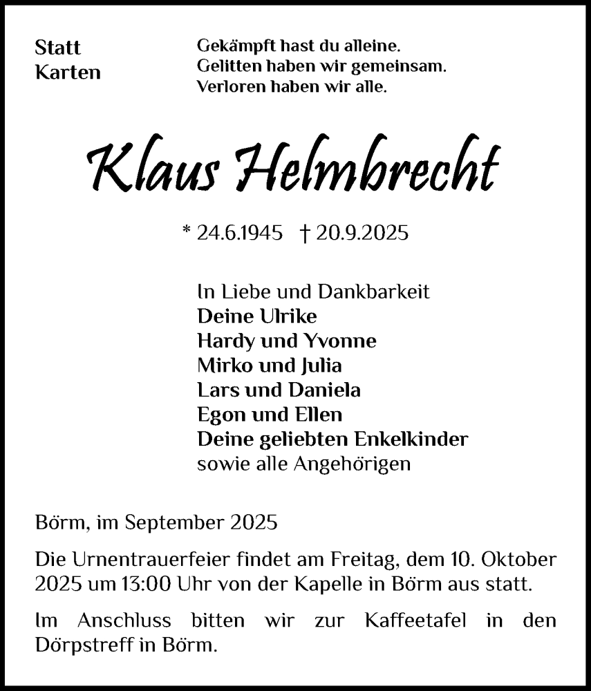  Traueranzeige für Klaus Helmbrecht vom 04.10.2025 aus Schleswiger Nachrichten, Schlei-Bote