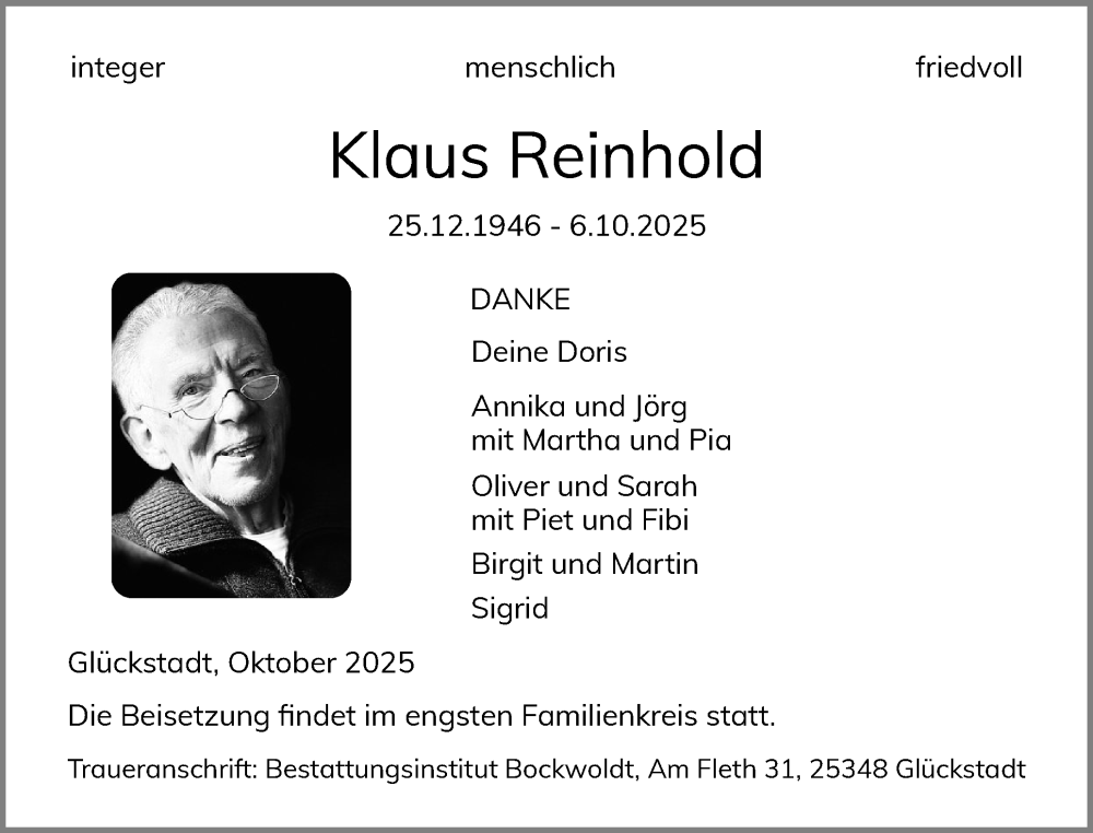  Traueranzeige für Klaus Reinhold vom 11.10.2025 aus Norddeutsche Rundschau, Wilstersche Zeitung, Glückstädter Fortuna