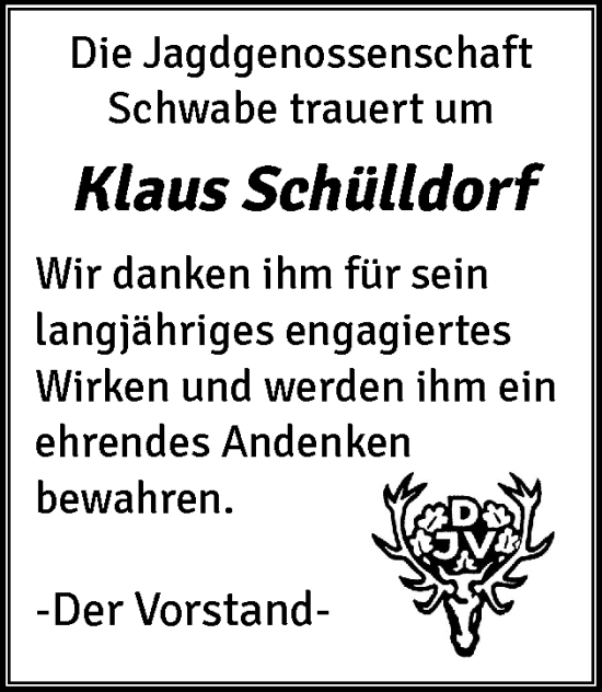 Traueranzeige von Klaus Schülldorf von Schleswig-Holsteinische Landeszeitung