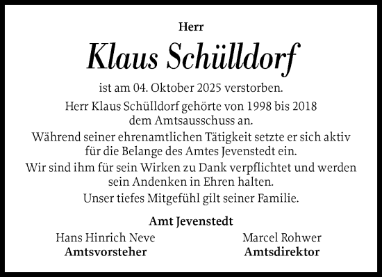 Traueranzeige von Klaus Schülldorf von Schleswig-Holsteinische Landeszeitung
