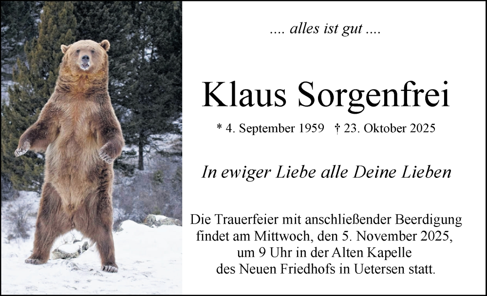  Traueranzeige für Klaus Sorgenfrei vom 01.11.2025 aus Uetersener Nachrichten, Der tip am Wochenende