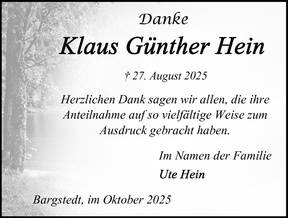  Traueranzeige für Klaus Günther Hein vom 04.10.2025 aus Schleswig-Holsteinische Landeszeitung