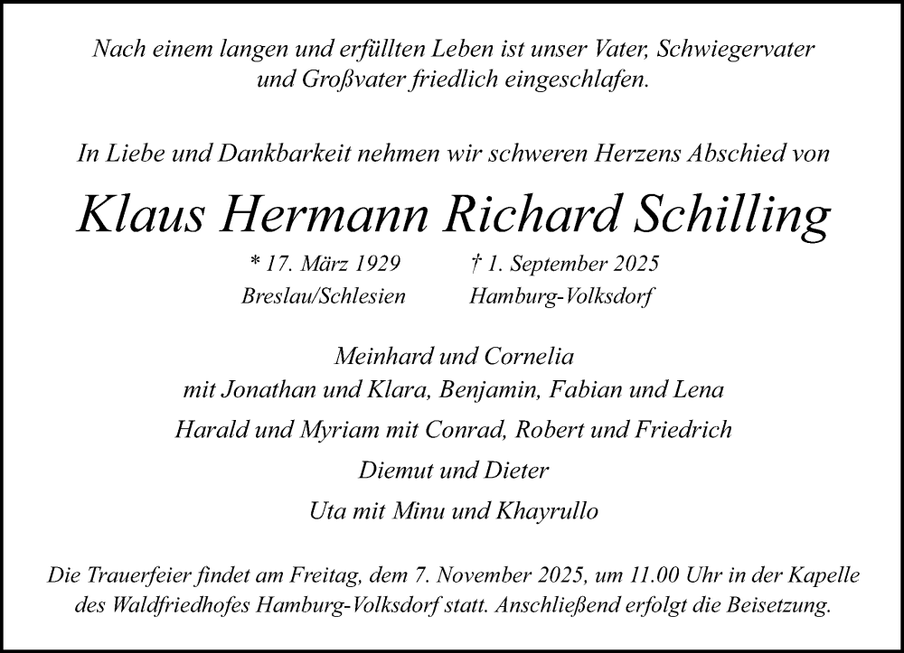  Traueranzeige für Klaus Hermann Richard Schilling vom 25.10.2025 aus MARKT Walddörfer