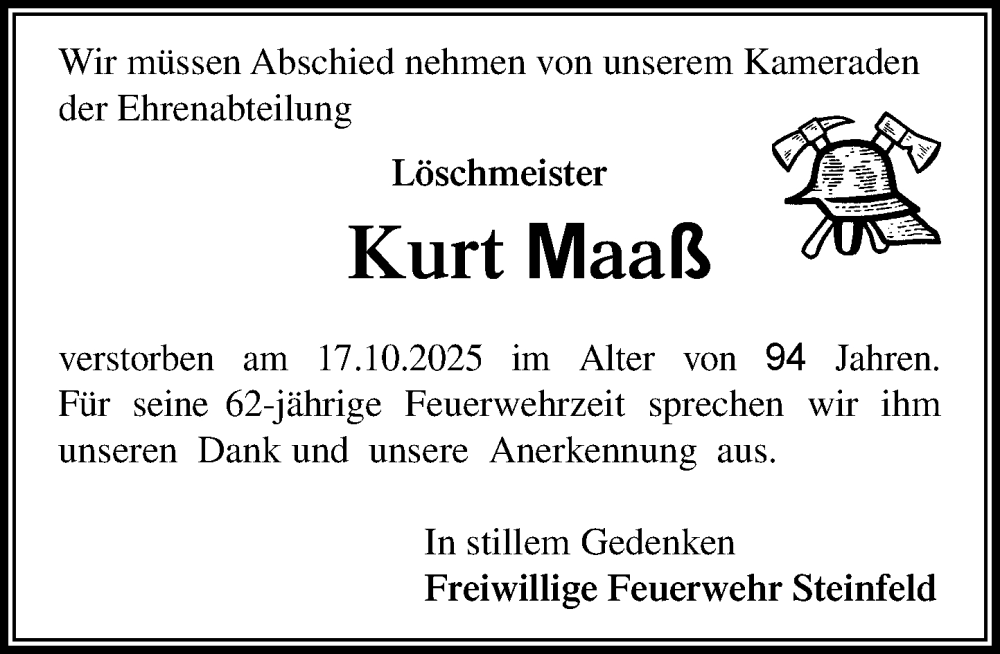  Traueranzeige für Kurt Maaß vom 01.11.2025 aus MARKT Bad Oldesloe/Reinfeld und Stormarner Tageblatt