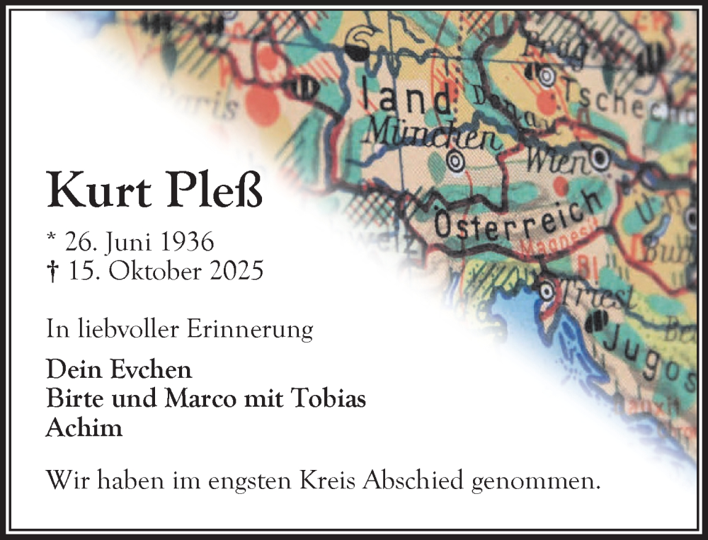  Traueranzeige für Kurt Pleß vom 01.11.2025 aus MARKT Bad Oldesloe/Reinfeld und Stormarner Tageblatt