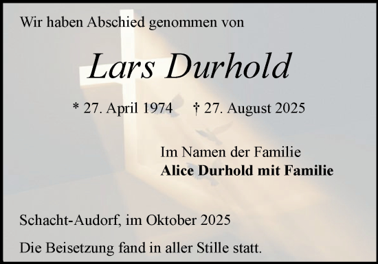 Traueranzeige von Lars Durhold von Schleswig-Holsteinische Landeszeitung