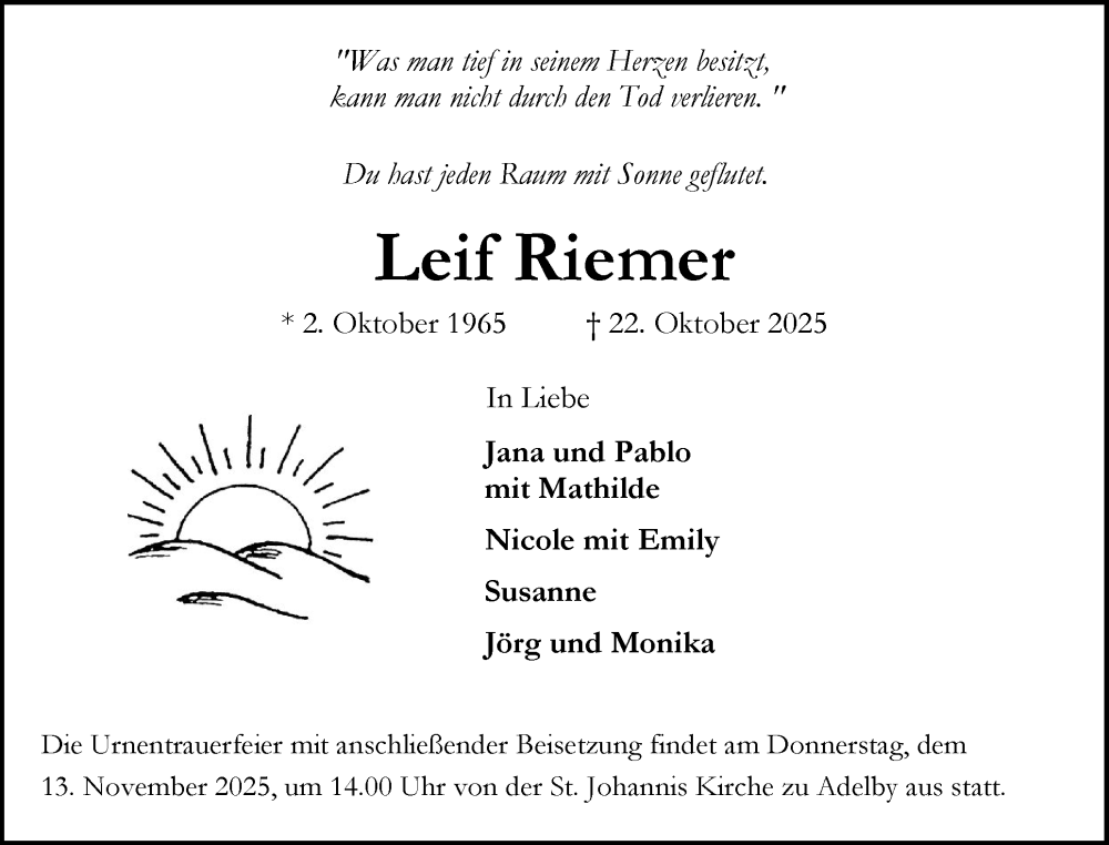  Traueranzeige für Leif Riemer vom 01.11.2025 aus Flensburger Tageblatt