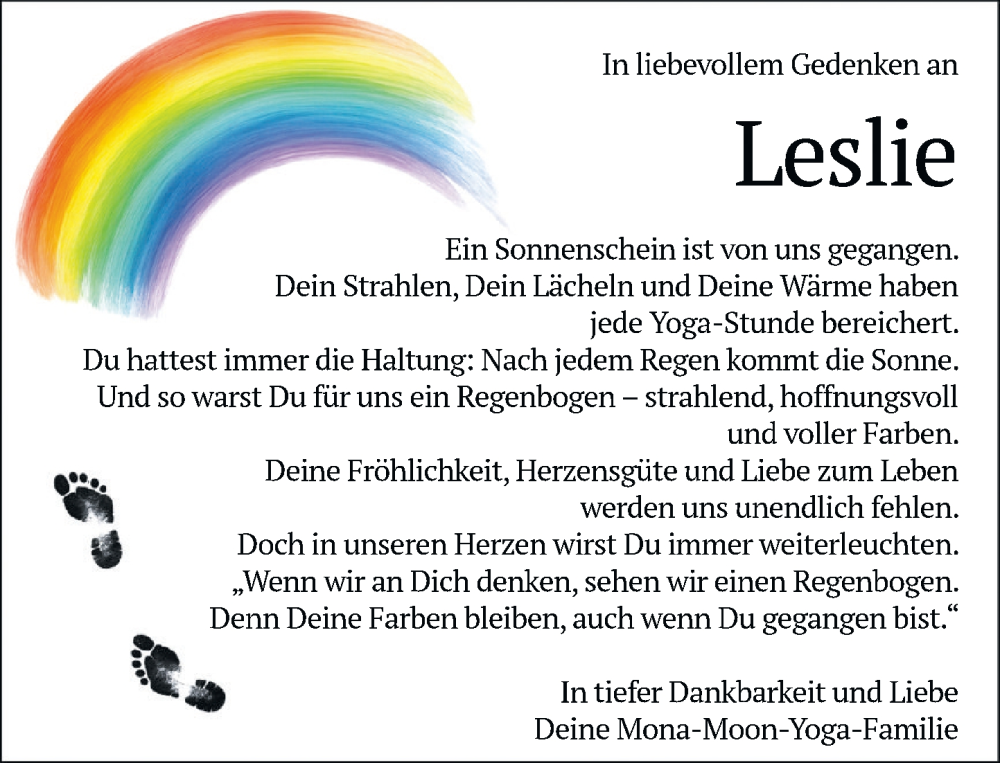  Traueranzeige für Leslie  vom 11.10.2025 aus MARKT Ratzeburg/Mölln