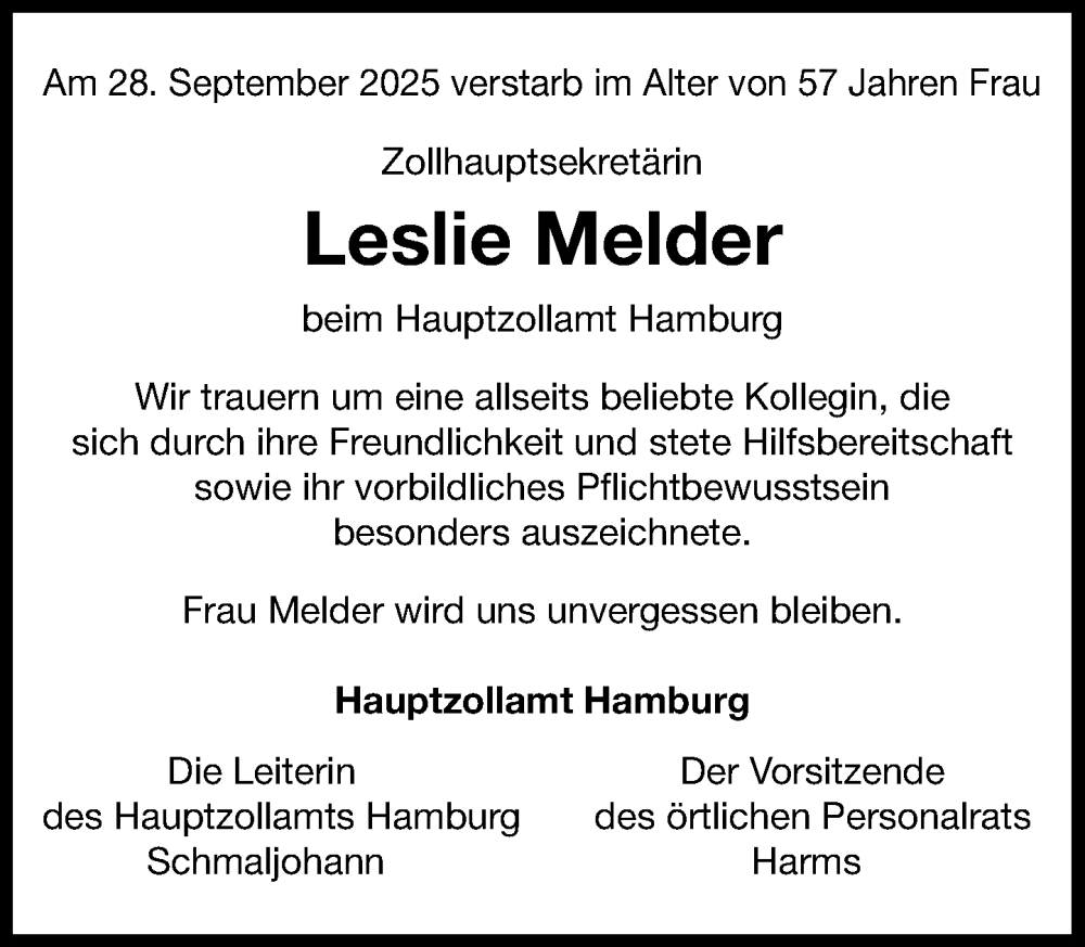  Traueranzeige für Leslie Melder vom 11.10.2025 aus MARKT Ratzeburg/Mölln