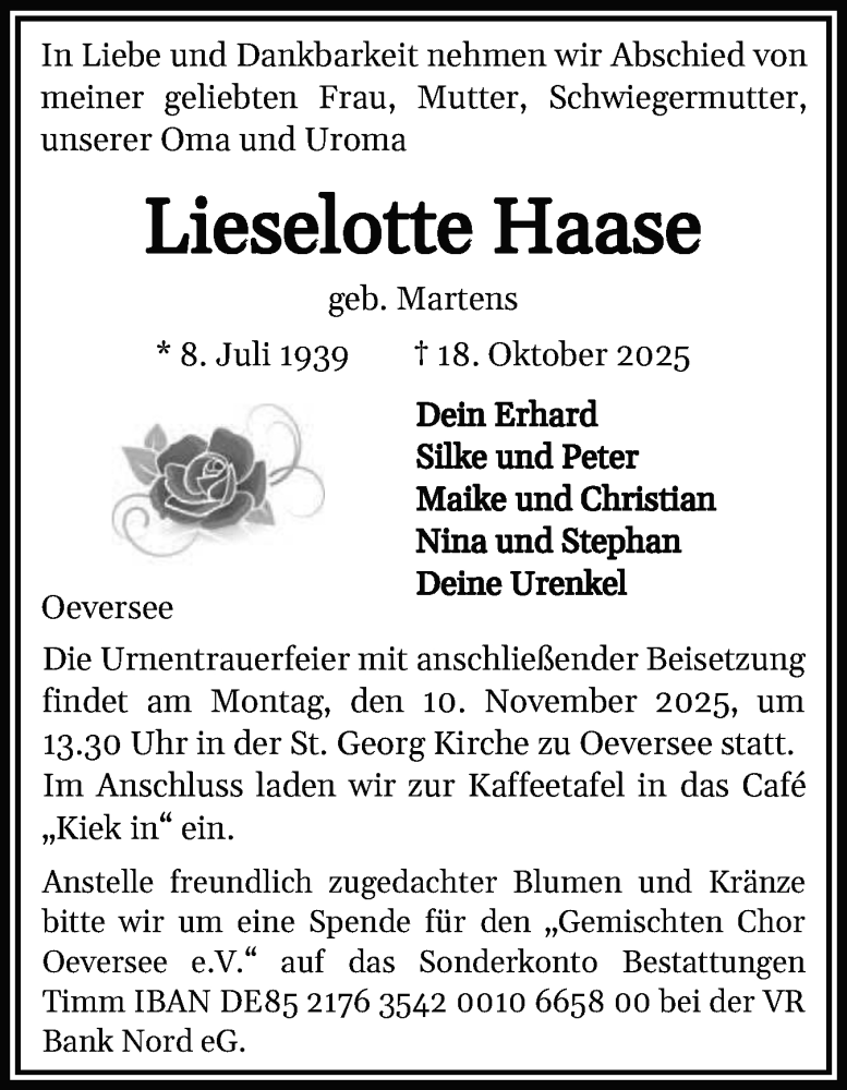  Traueranzeige für Lieselotte Haase vom 01.11.2025 aus Flensburger Tageblatt