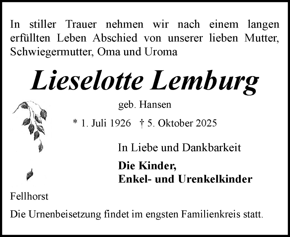  Traueranzeige für Lieselotte Lemburg vom 11.10.2025 aus Eckernförder Zeitung, Hallo Eckernförde