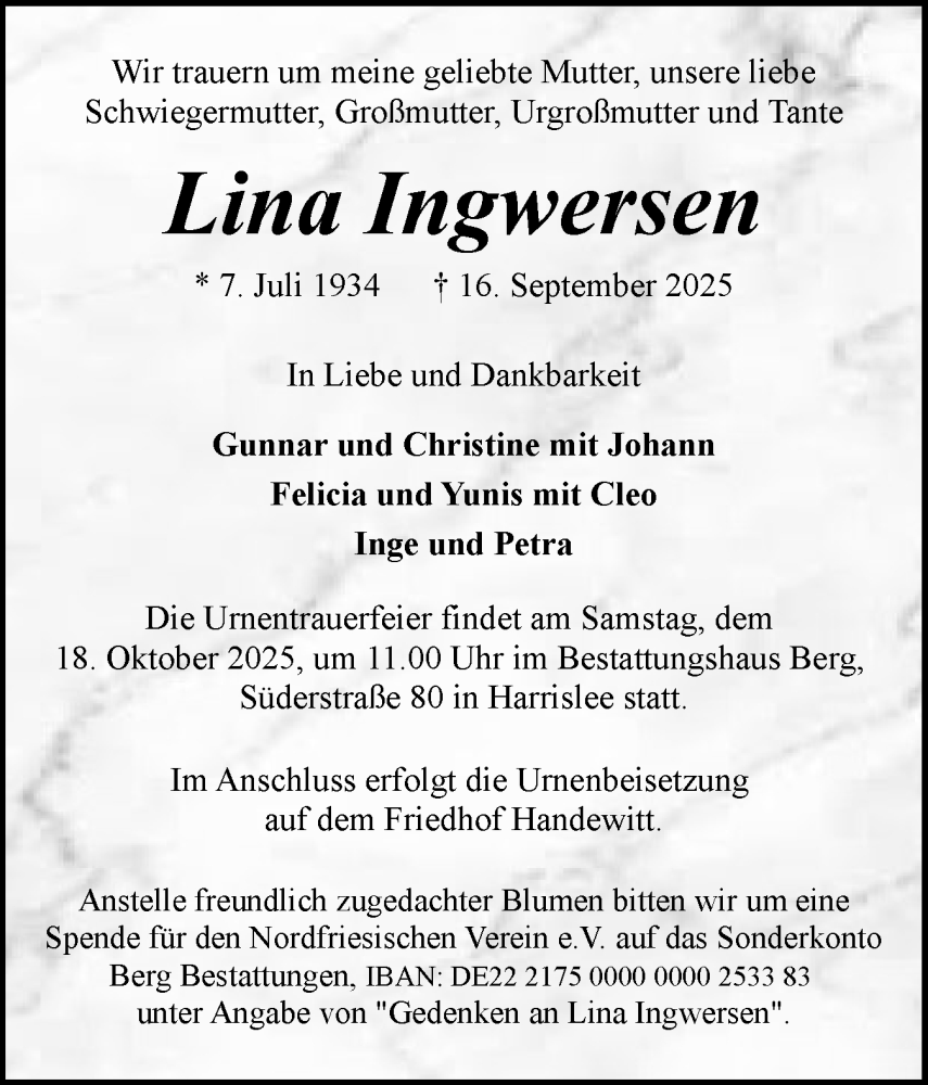  Traueranzeige für Lina Ingwersen vom 11.10.2025 aus Flensburger Tageblatt