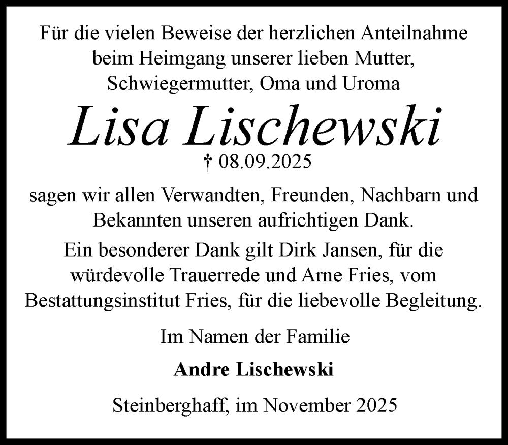  Traueranzeige für Lisa Lischewski vom 01.11.2025 aus Flensburger Tageblatt