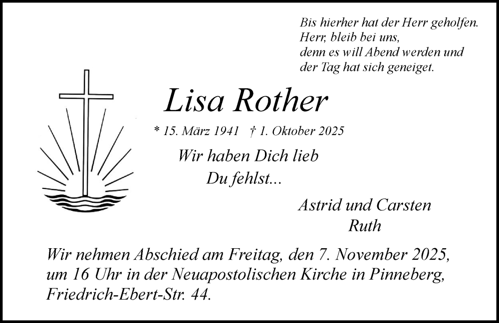  Traueranzeige für Lisa Rother vom 18.10.2025 aus Region Pinneberg und tip Pinneberg