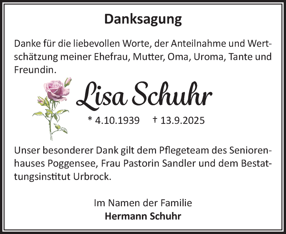  Traueranzeige für Lisa Schuhr vom 11.10.2025 aus MARKT Ratzeburg/Mölln