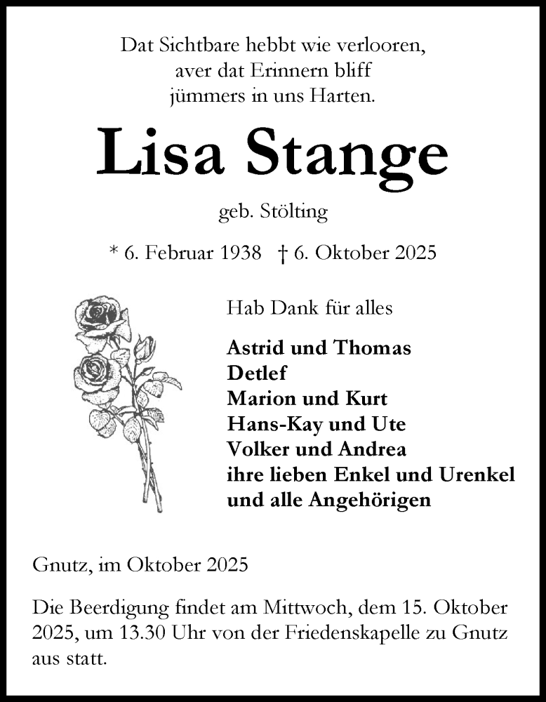  Traueranzeige für Lisa Stange vom 11.10.2025 aus Schleswig-Holsteinische Landeszeitung