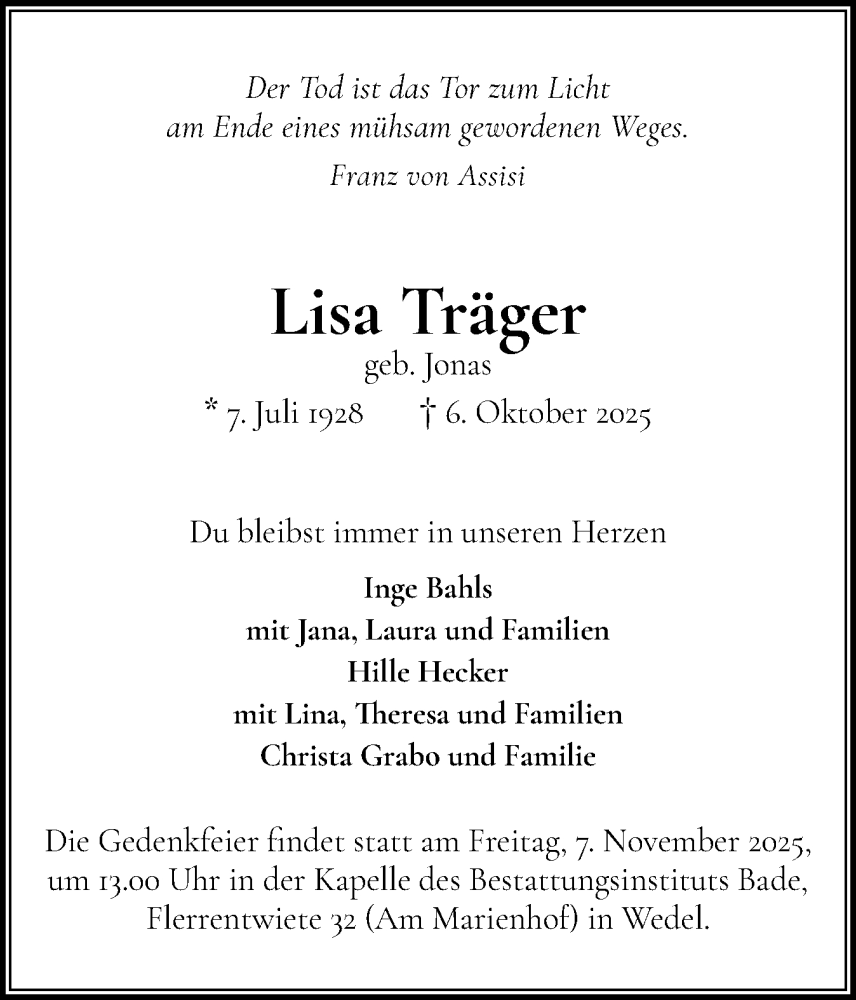  Traueranzeige für Lisa Träger vom 25.10.2025 aus Wedel-Schulauer Tageblatt, tip Wedel-Schulauer Tageblatt, tip Rissener Rundschau