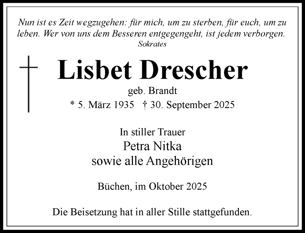  Traueranzeige für Lisbet Drescher vom 25.10.2025 aus Wochenend Anzeiger