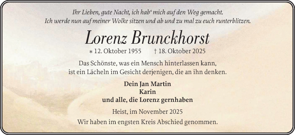  Traueranzeige für Lorenz Brunckhorst vom 01.11.2025 aus Uetersener Nachrichten, Der tip am Wochenende