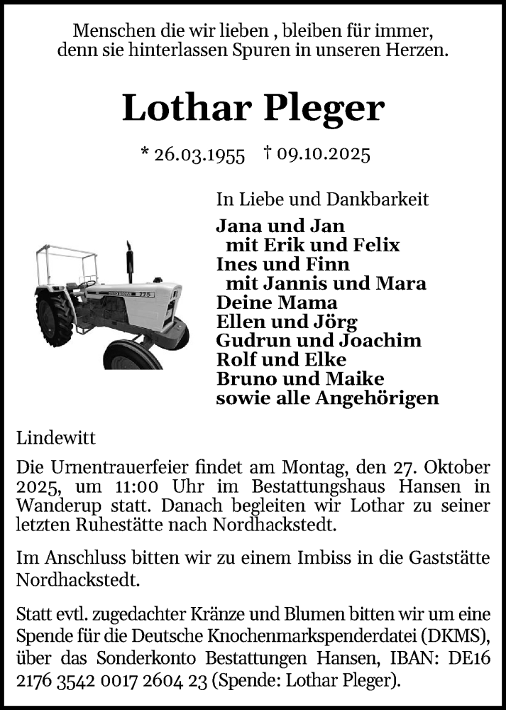  Traueranzeige für Lothar Pleger vom 18.10.2025 aus Region Flensburg