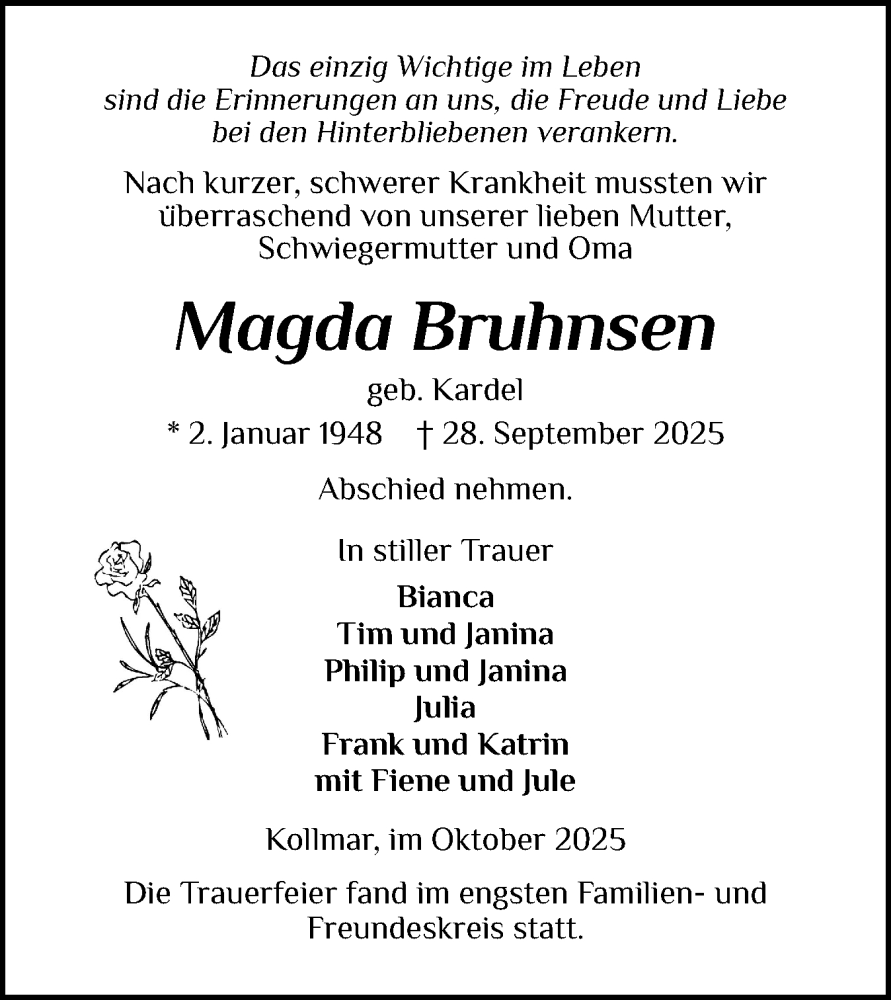  Traueranzeige für Magda Bruhnsen vom 25.10.2025 aus Norddeutsche Rundschau, Wilstersche Zeitung, Glückstädter Fortuna
