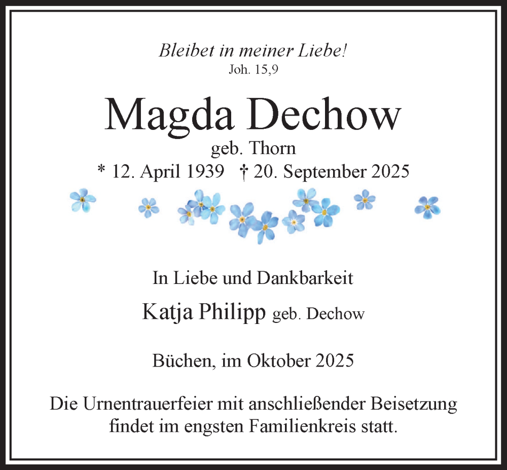  Traueranzeige für Magda Dechow vom 04.10.2025 aus Wochenend Anzeiger