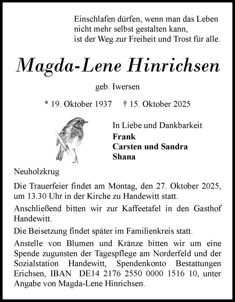  Traueranzeige für Magda-Lene Hinrichsen vom 18.10.2025 aus Flensburger Tageblatt