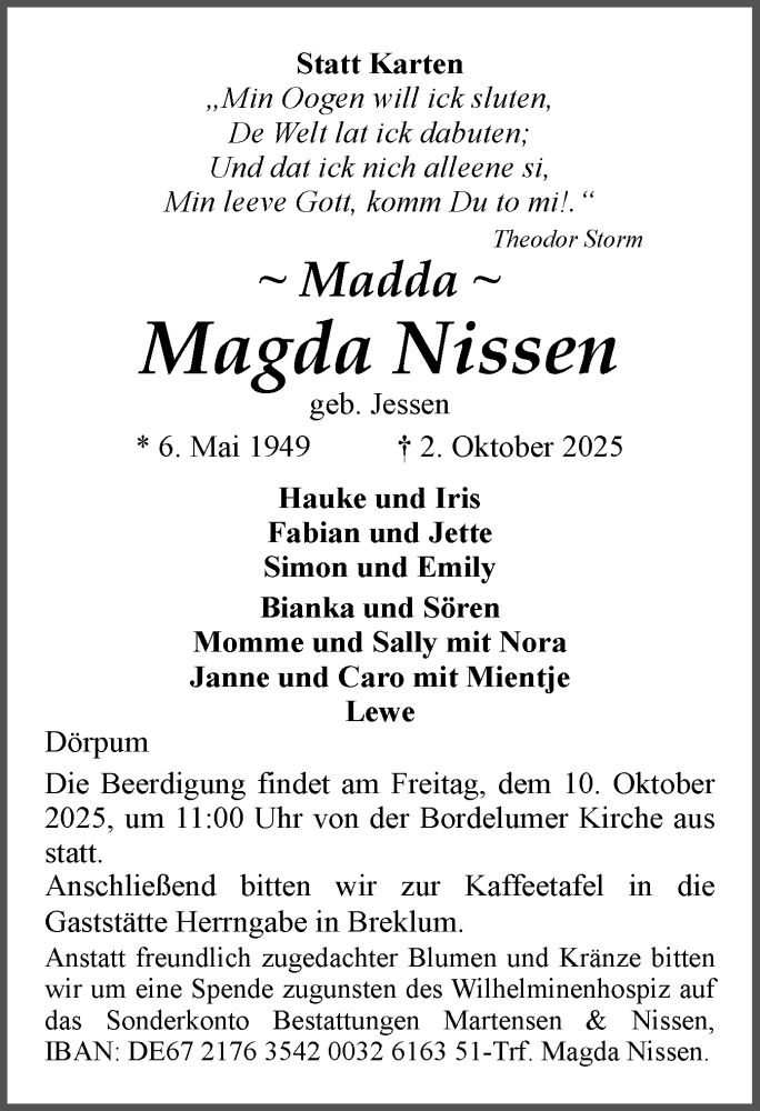  Traueranzeige für Magda Nissen vom 07.10.2025 aus Husumer Nachrichten, Nordfriesland Tageblatt