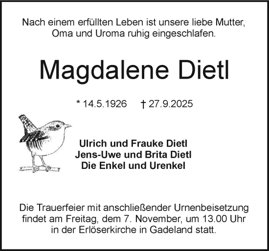 Traueranzeige von Magdalene Dietl von Holsteinischer Courier