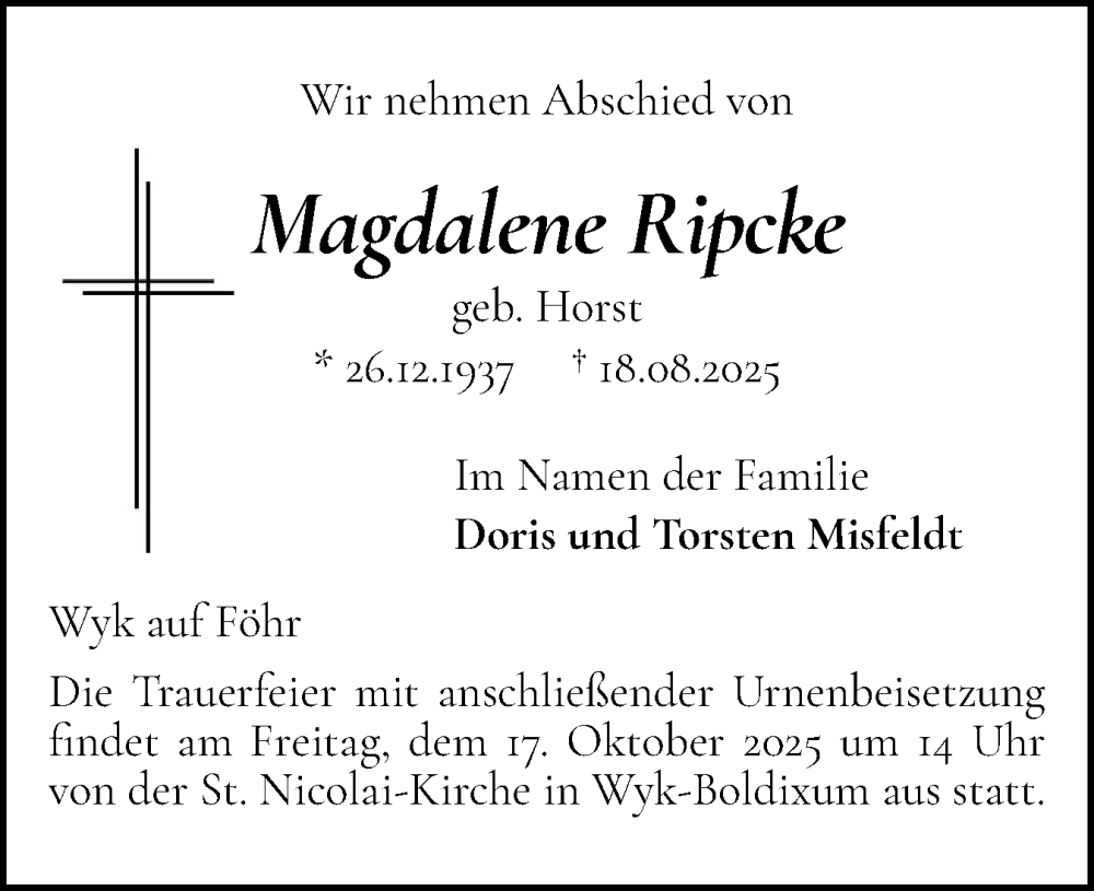 Traueranzeige für Magdalene Ripcke vom 11.10.2025 aus Der Insel-Bote