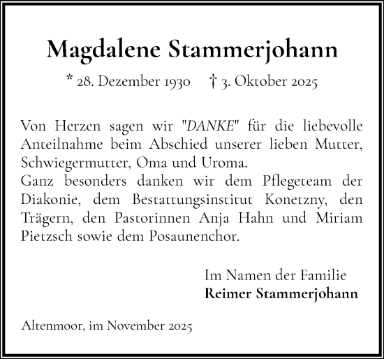 Traueranzeige von Magdalene Stammerjohann von Elmshorner Nachrichten, Barmstedter Zeitung
