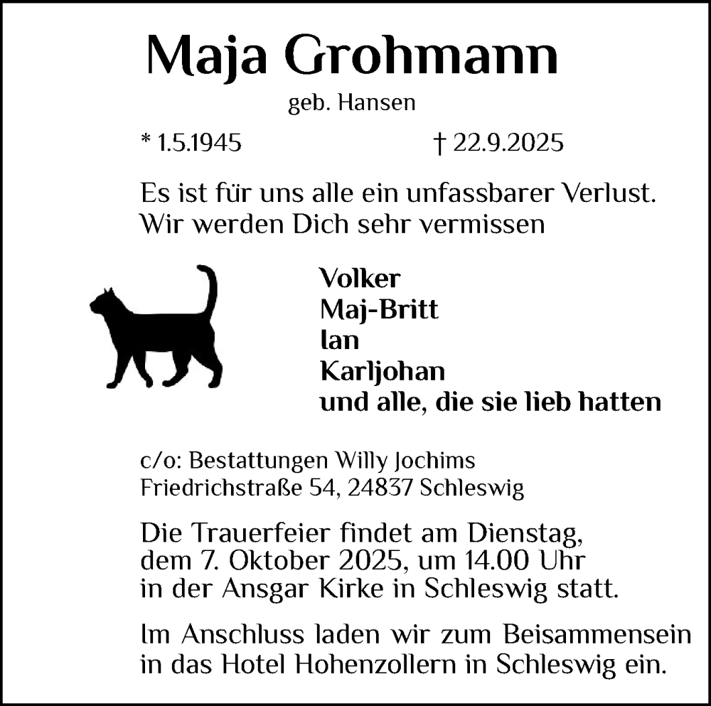  Traueranzeige für Maja Grohmann vom 02.10.2025 aus Schleswiger Nachrichten, Schlei-Bote