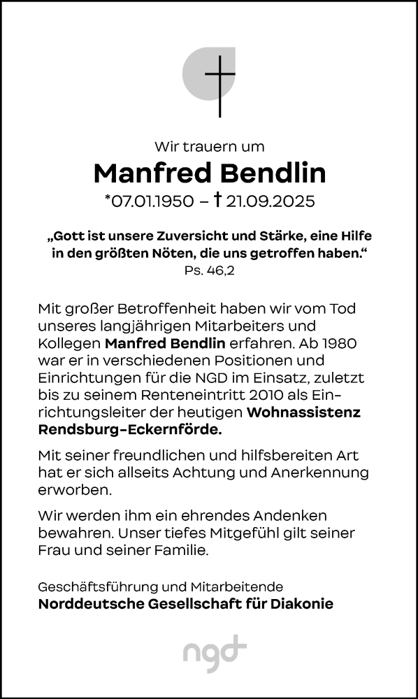  Traueranzeige für Manfred Bendlin vom 11.10.2025 aus Eckernförder Zeitung, Hallo Eckernförde