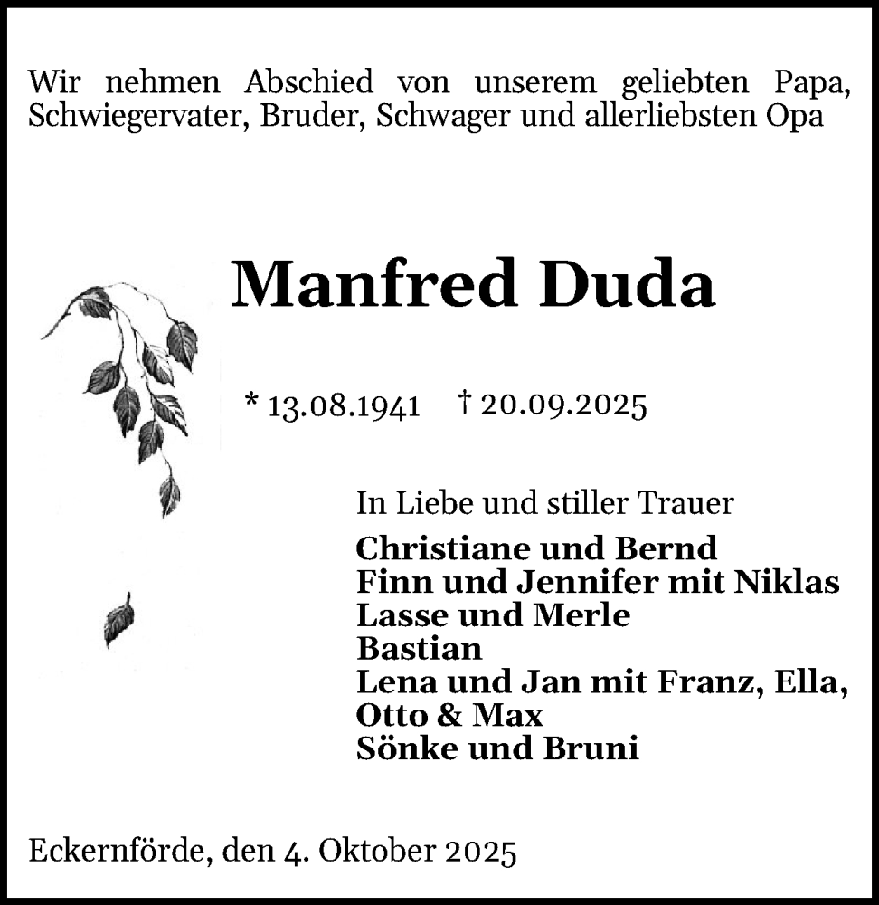 Traueranzeige für Manfred Duda vom 04.10.2025 aus Eckernförder Zeitung, Hallo Eckernförde
