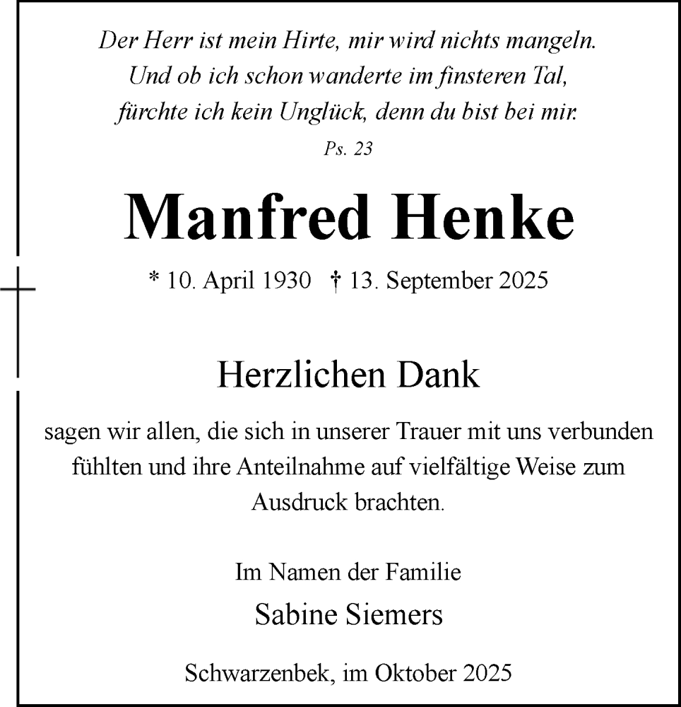  Traueranzeige für Manfred Henke vom 18.10.2025 aus Wochenend Anzeiger