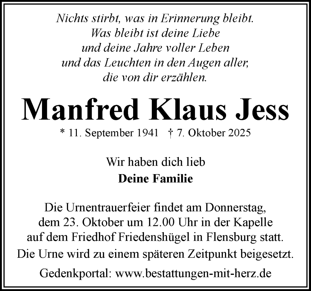  Traueranzeige für Manfred Klaus Jess vom 18.10.2025 aus Flensburger Tageblatt